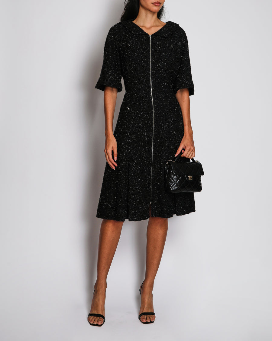 Chanel Black and Navy Shimmery Tweed Mini Dress with Globe Button Detail and Silver Zip Size FR 44 (UK 16)