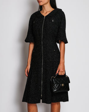 Chanel Black and Navy Shimmery Tweed Mini Dress with Globe Button Detail and Silver Zip Size FR 44 (UK 16)