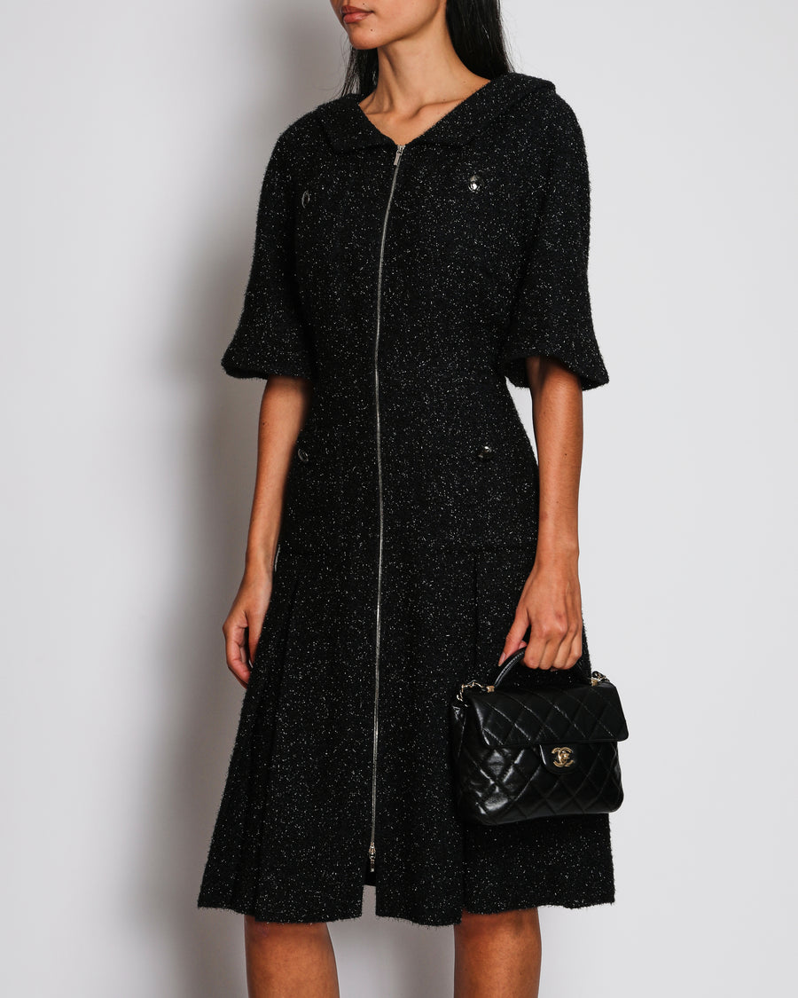 Chanel Black and Navy Shimmery Tweed Mini Dress with Globe Button Detail and Silver Zip Size FR 44 (UK 16)