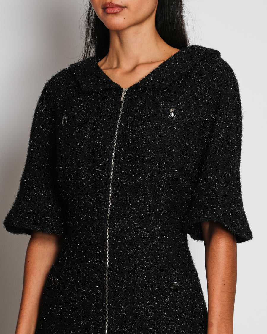 Chanel Black and Navy Shimmery Tweed Mini Dress with Globe Button Detail and Silver Zip Size FR 44 (UK 16)