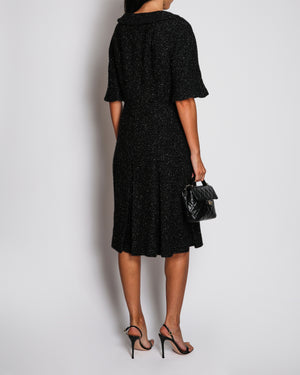 Chanel Black and Navy Shimmery Tweed Mini Dress with Globe Button Detail and Silver Zip Size FR 44 (UK 16)