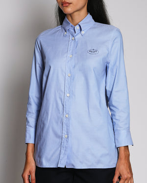 Prada Blue Cotton Oversized Shirt with Logo Detail Size IT 38 (UK 6)