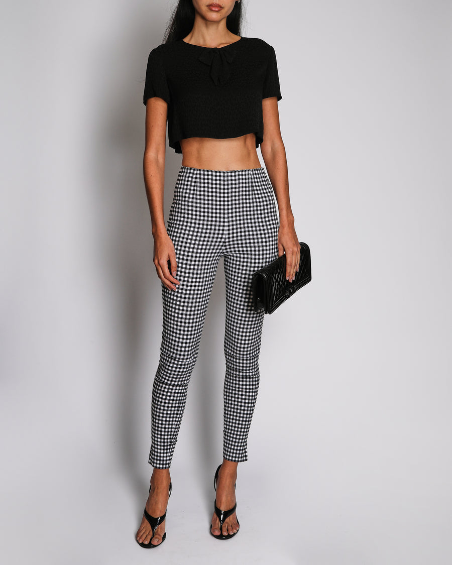 Chanel 21K Black Silk Cropped Short Sleeves Top With CC Printed Logo and Bow Detail Size FR 34 (UK 6)