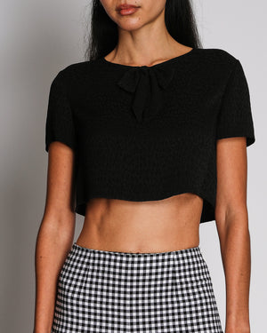 Chanel 21K Black Silk Cropped Short Sleeves Top With CC Printed Logo and Bow Detail Size FR 34 (UK 6)
