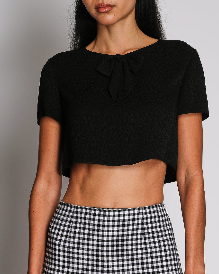 Chanel 21K Black Silk Cropped Short Sleeves Top With CC Printed Logo and Bow Detail Size FR 34 (UK 6)