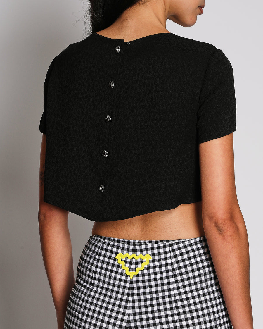 Chanel 21K Black Silk Cropped Short Sleeves Top With CC Printed Logo and Bow Detail Size FR 34 (UK 6)