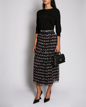 Chanel 19P Black Silk Maxi Skirt with Multi-Coloured Logo Graffiti Print and Buttons FR 38 (UK 10)