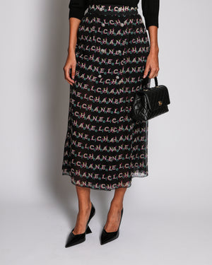 Chanel 19P Black Silk Maxi Skirt with Multi-Coloured Logo Graffiti Print and Buttons FR 38 (UK 10)