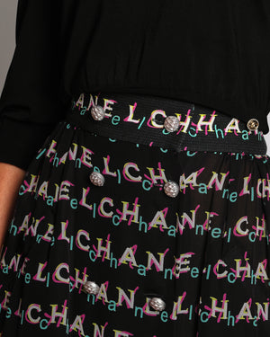 Chanel 19P Black Silk Maxi Skirt with Multi-Coloured Logo Graffiti Print and Buttons FR 38 (UK 10)