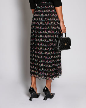 Chanel 19P Black Silk Maxi Skirt with Multi-Coloured Logo Graffiti Print and Buttons FR 38 (UK 10)
