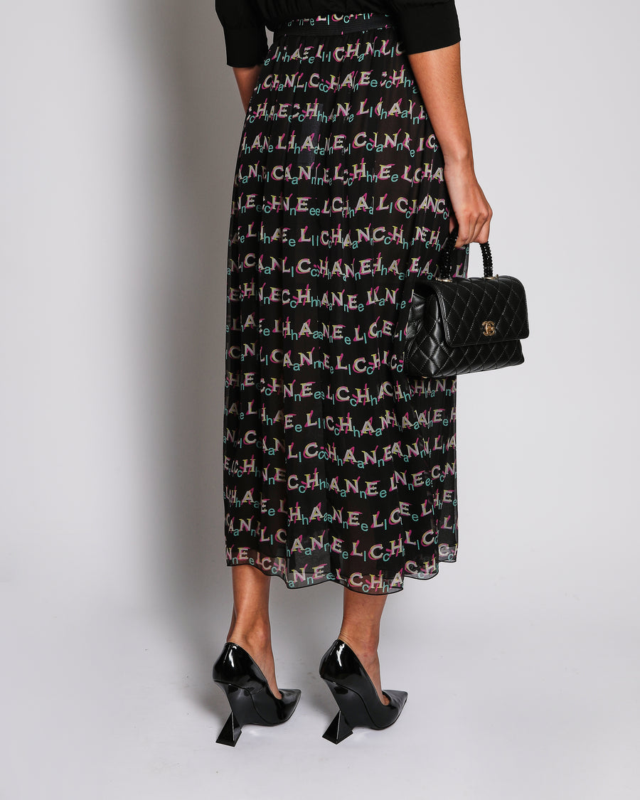 Chanel 19P Black Silk Maxi Skirt with Multi-Coloured Logo Graffiti Print and Buttons FR 38 (UK 10)