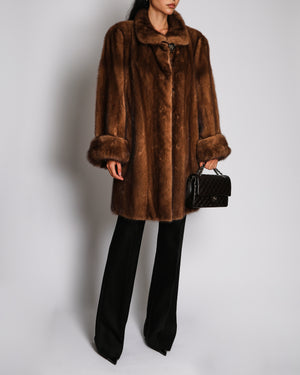Vintage Light Brown Long Mink Fur Coat With Gold Button Details Size UK 14