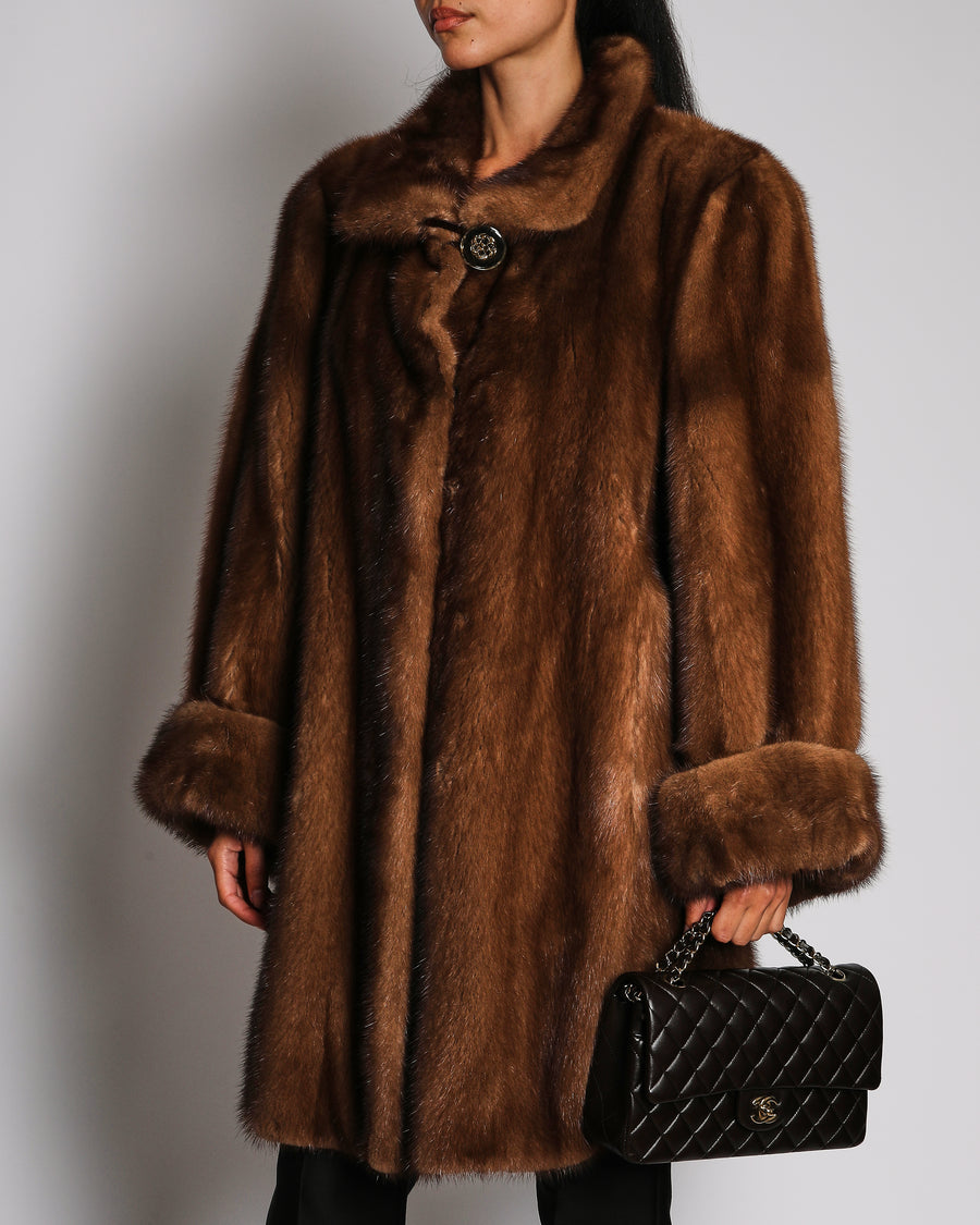 Vintage Light Brown Long Mink Fur Coat With Gold Button Details Size UK 14