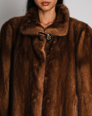 Vintage Light Brown Long Mink Fur Coat With Gold Button Details Size UK 14