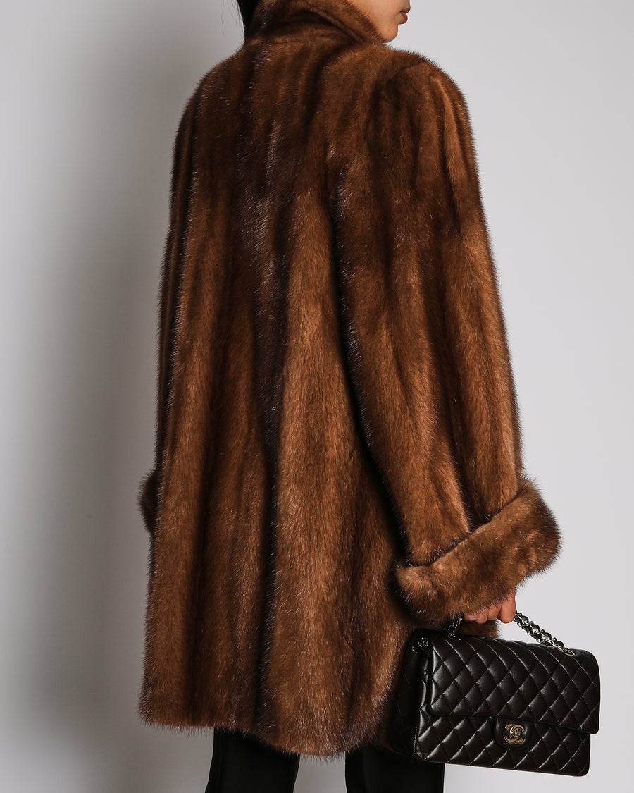 Vintage Light Brown Long Mink Fur Coat With Gold Button Details Size UK 14