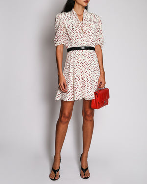 Miu Miu White and Red Heart Print Silk Dress with Bow Collar and Black Logo Belt Detail Size IT 42 (UK 10) RRP £2,650