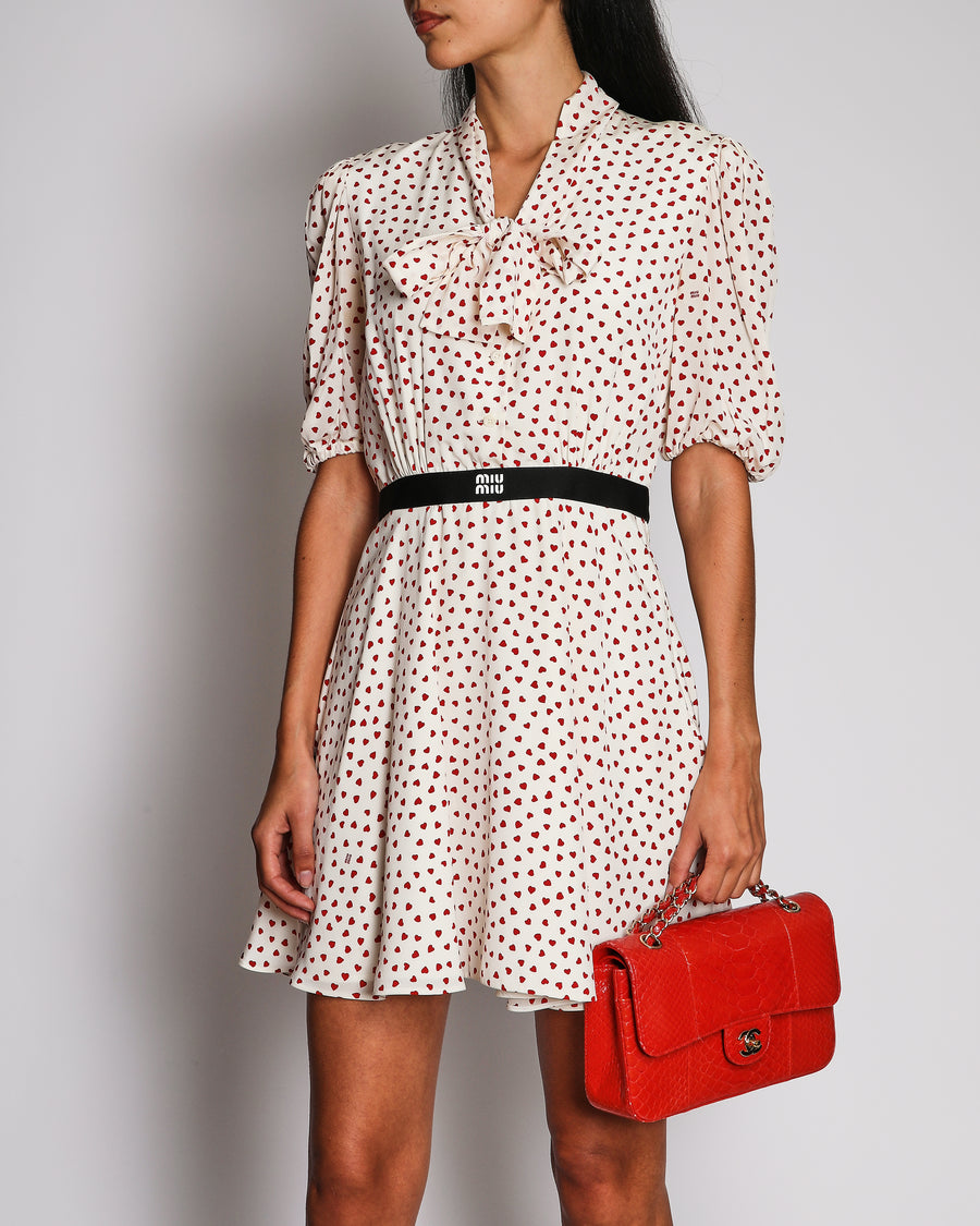 Miu Miu White and Red Heart Print Silk Dress with Bow Collar and Black Logo Belt Detail Size IT 42 (UK 10) RRP £2,650