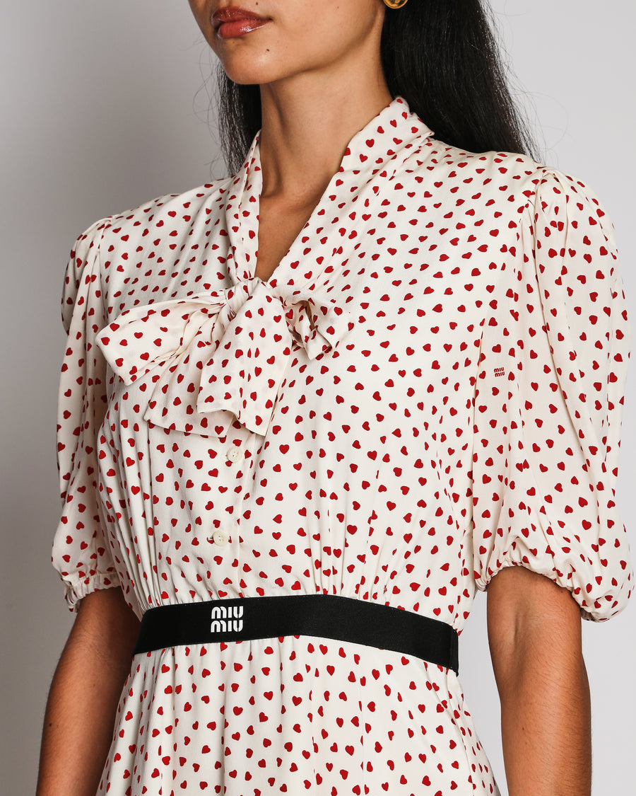 Miu Miu White and Red Heart Print Silk Dress with Bow Collar and Black Logo Belt Detail Size IT 42 (UK 10) RRP £2,650