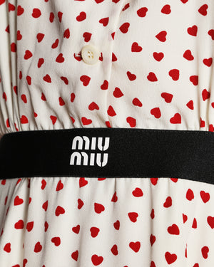 Miu Miu White and Red Heart Print Silk Dress with Bow Collar and Black Logo Belt Detail Size IT 42 (UK 10) RRP £2,650