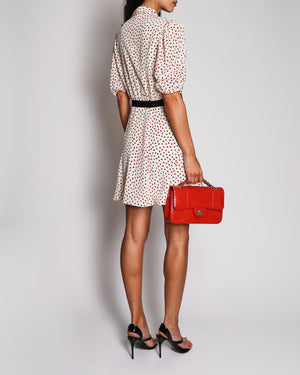 Miu Miu White and Red Heart Print Silk Dress with Bow Collar and Black Logo Belt Detail Size IT 42 (UK 10) RRP £2,650