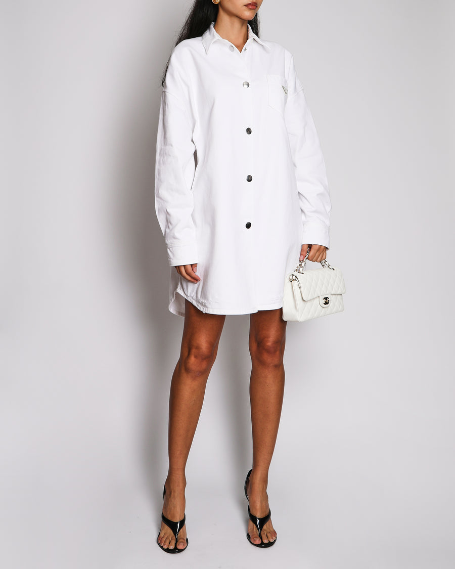 Prada White Denim Oversized Shirt With Enamel Triangle Logo Detail Size IT 42 (UK 10)
