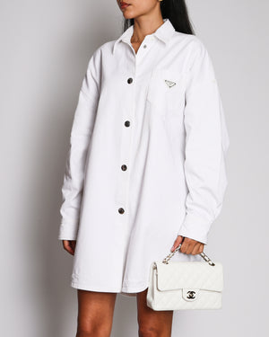 Prada White Denim Oversized Shirt With Enamel Triangle Logo Detail Size IT 42 (UK 10)