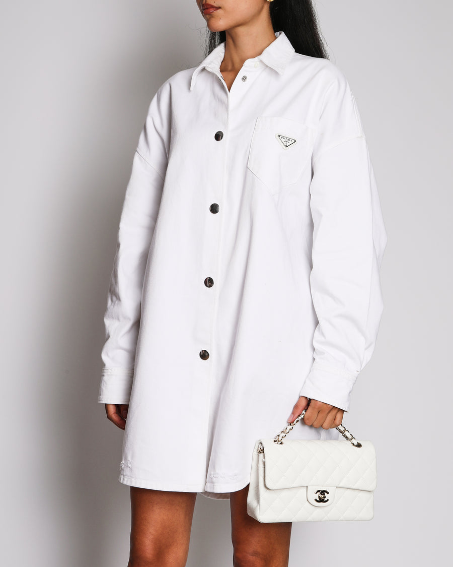 Prada White Denim Oversized Shirt With Enamel Triangle Logo Detail Size IT 42 (UK 10)