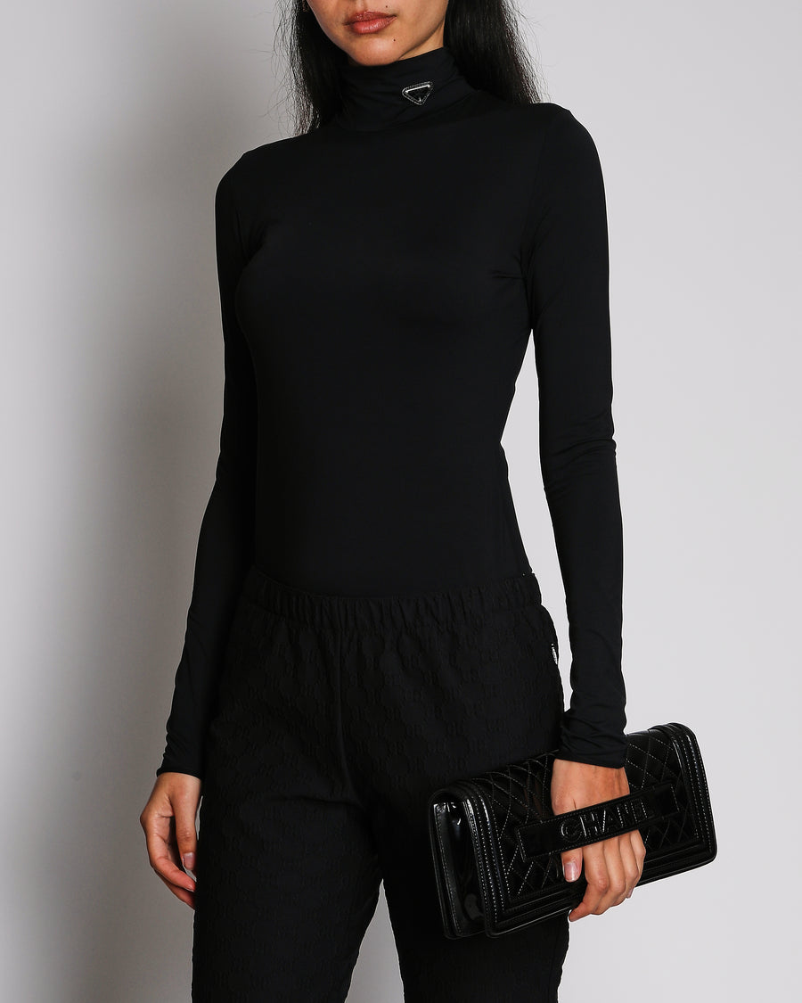Prada High Neck Long Sleeve Logo Jersey Top with Logo Plaque Size IT 40 (UK 8)