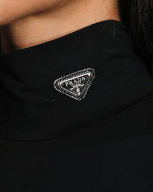 Prada High Neck Long Sleeve Logo Jersey Top with Logo Plaque Size IT 40 (UK 8)