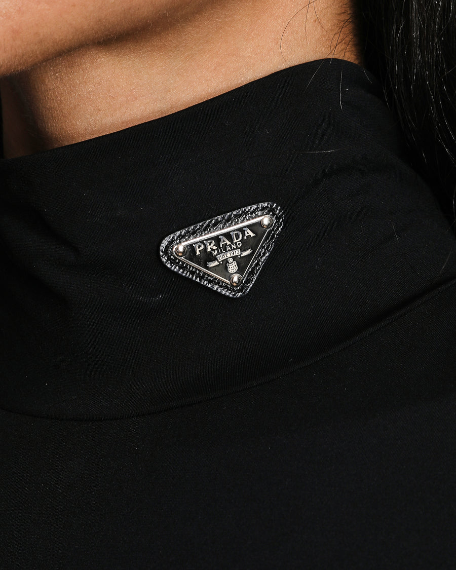 Prada High Neck Long Sleeve Logo Jersey Top with Logo Plaque Size IT 40 (UK 8)