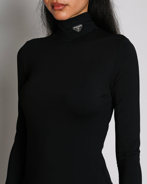 Prada High Neck Long Sleeve Logo Jersey Top with Logo Plaque Size IT 40 (UK 8)