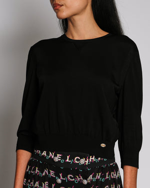 Chanel Black Cropped Knit Mid-Sleeve Jumper with Gold CC Button Detail Size FR 40 (UK 12)