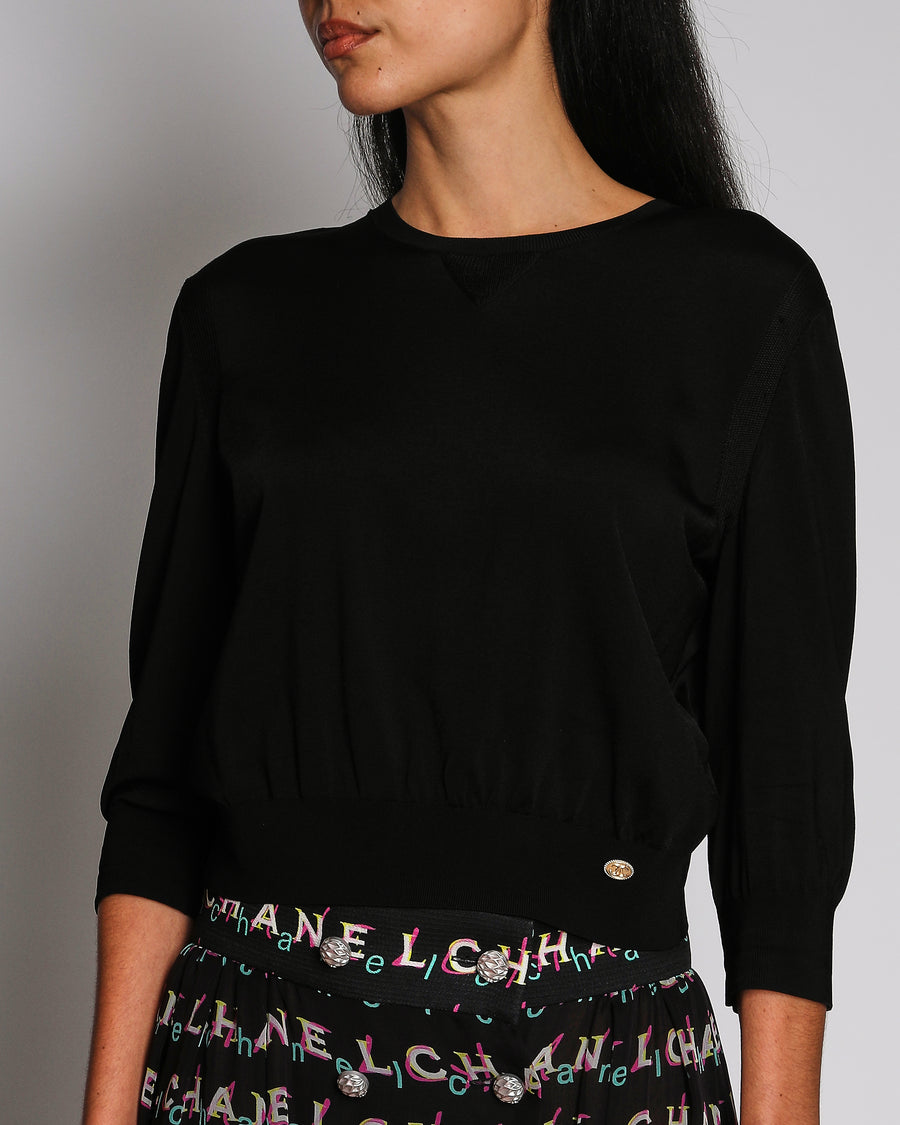 Chanel Black Cropped Knit Mid-Sleeve Jumper with Gold CC Button Detail Size FR 40 (UK 12)
