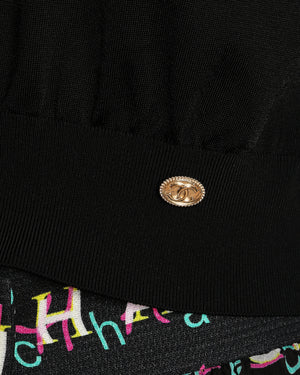Chanel Black Cropped Knit Mid-Sleeve Jumper with Gold CC Button Detail Size FR 40 (UK 12)