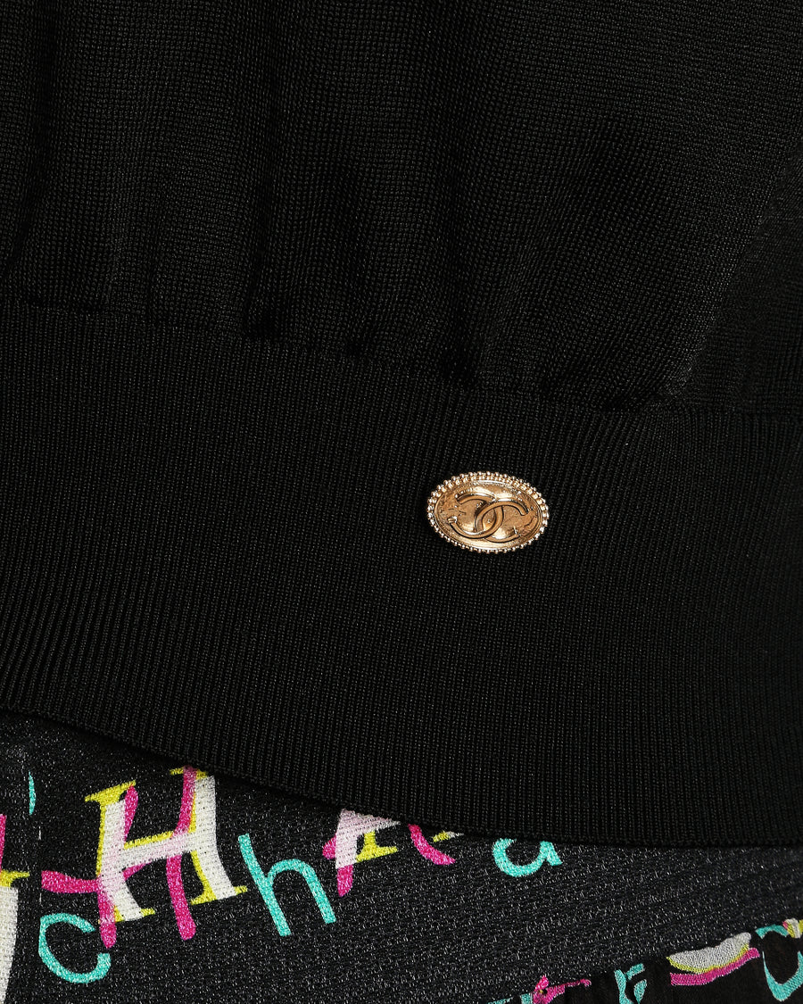 Chanel Black Cropped Knit Mid-Sleeve Jumper with Gold CC Button Detail Size FR 40 (UK 12)
