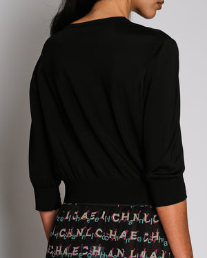 Chanel Black Cropped Knit Mid-Sleeve Jumper with Gold CC Button Detail Size FR 40 (UK 12)