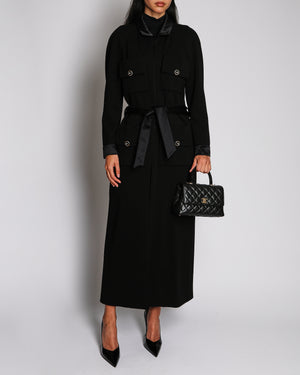 Chanel A 2020 Black Wool Long Trench Coat with Pockets, Gold Buttons and Belt Details Size FR 34 (UK 6)