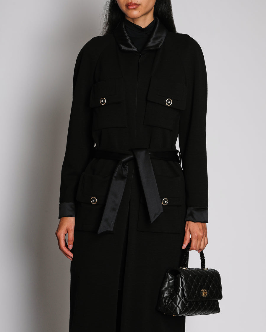 Chanel A 2020 Black Wool Long Trench Coat with Pockets, Gold Buttons and Belt Details Size FR 34 (UK 6)