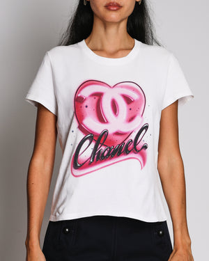 Chanel 2023 Coco Neige White T-Shirt with Pink Heart and Logo Detail Size M (UK 10)