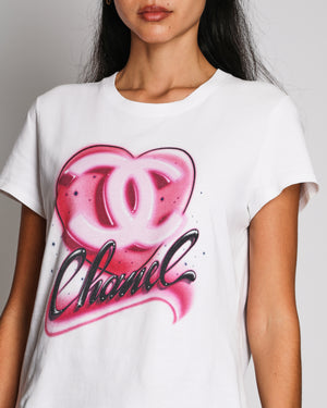 Chanel 2023 Coco Neige White T-Shirt with Pink Heart and Logo Detail Size M (UK 10)