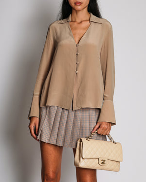 Fendi Beige Long Sleeve V-Neck Blouse with Logo Button Details Size IT 38 (UK 6)