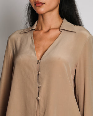 Fendi Beige Long Sleeve V-Neck Blouse with Logo Button Details Size IT 38 (UK 6)