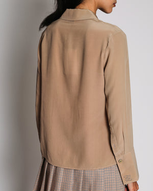 Fendi Beige Long Sleeve V-Neck Blouse with Logo Button Details Size IT 38 (UK 6)