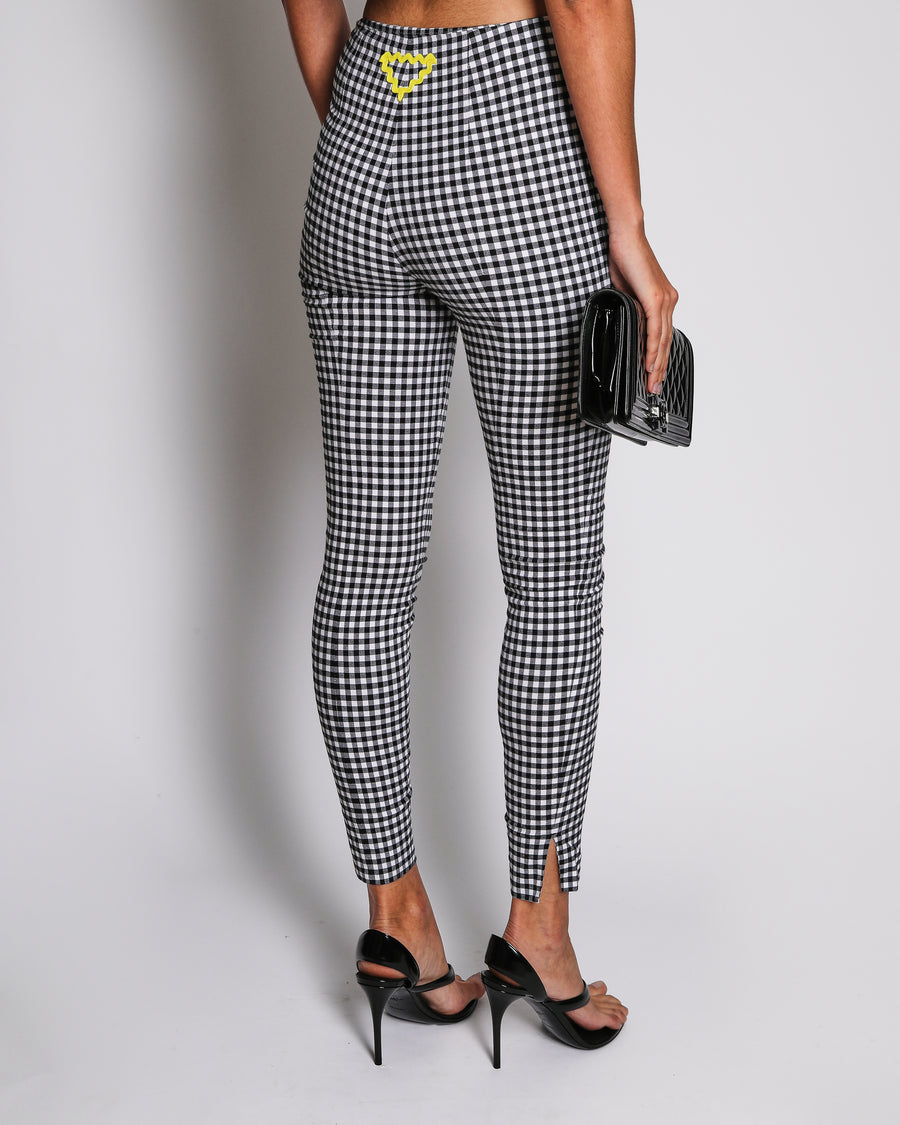 Prada Black and White Checkered Trousers with Yellow Triangle Embroidery Detail Size IT 38 (UK 6)