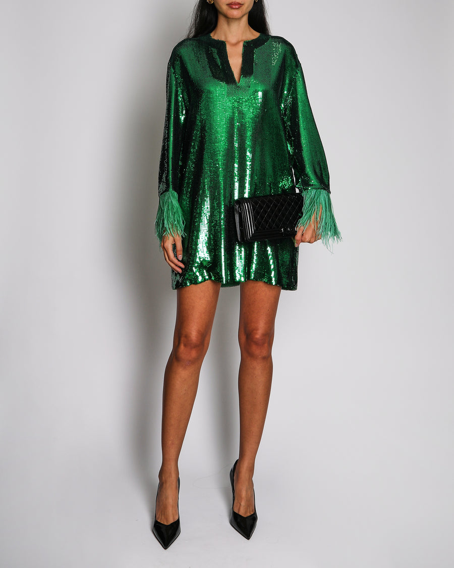 Valentino Green Sequin Long-Sleeve Mini Dress with Feather Trim Details Size IT 44 (UK 12)