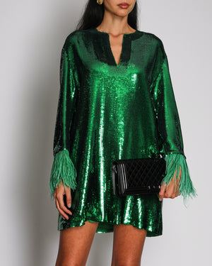 Valentino Green Sequin Long-Sleeve Mini Dress with Feather Trim Details Size IT 44 (UK 12)