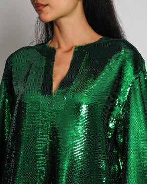 Valentino Green Sequin Long-Sleeve Mini Dress with Feather Trim Details Size IT 44 (UK 12)
