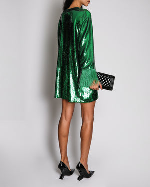 Valentino Green Sequin Long-Sleeve Mini Dress with Feather Trim Details Size IT 44 (UK 12)