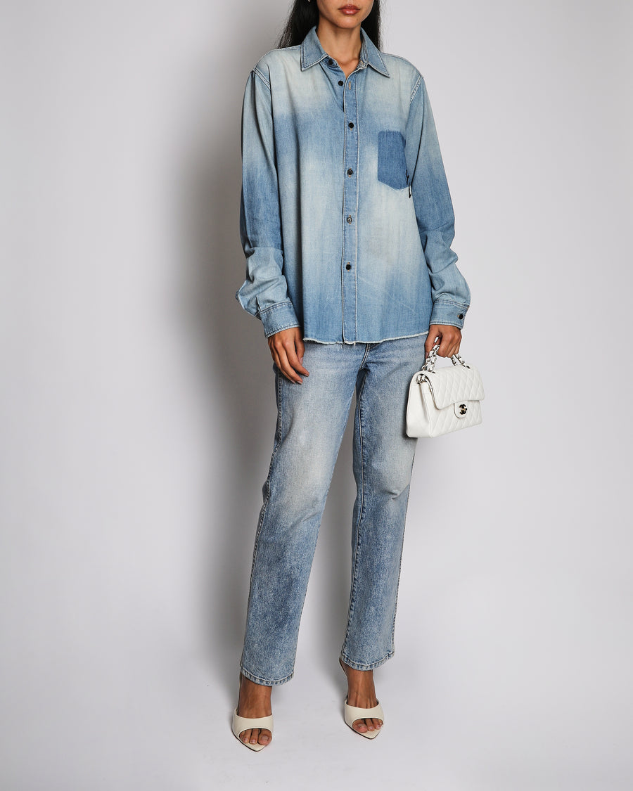 Saint Laurent Blue Denim Long Sleeve Shirt with Embroidered Logo Detail Size M (UK 10)