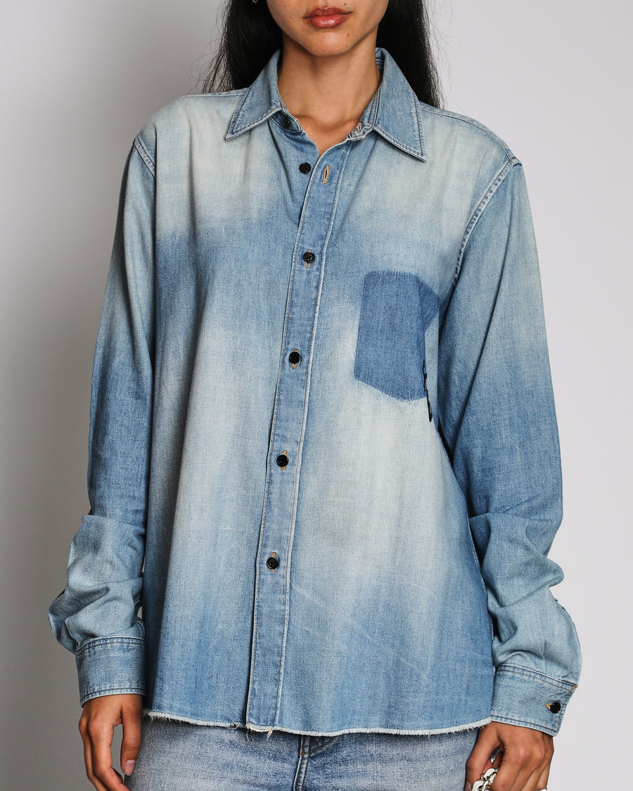 Saint Laurent Blue Denim Long Sleeve Shirt with Embroidered Logo Detail Size M (UK 10)